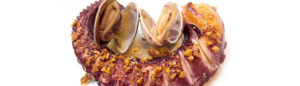 Pulpo crujiente con almejas